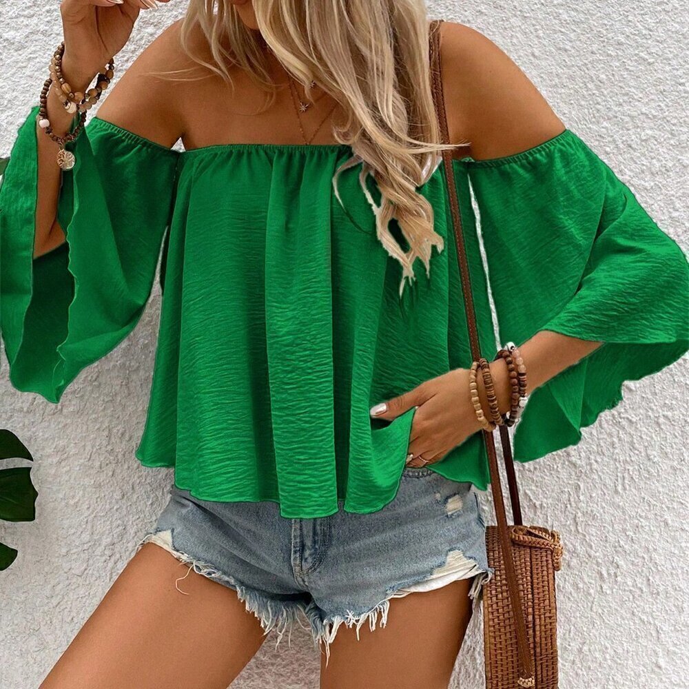 Green Casual Women's Summer Elegant Off Shoulder Blouse - Picture 6 of 7